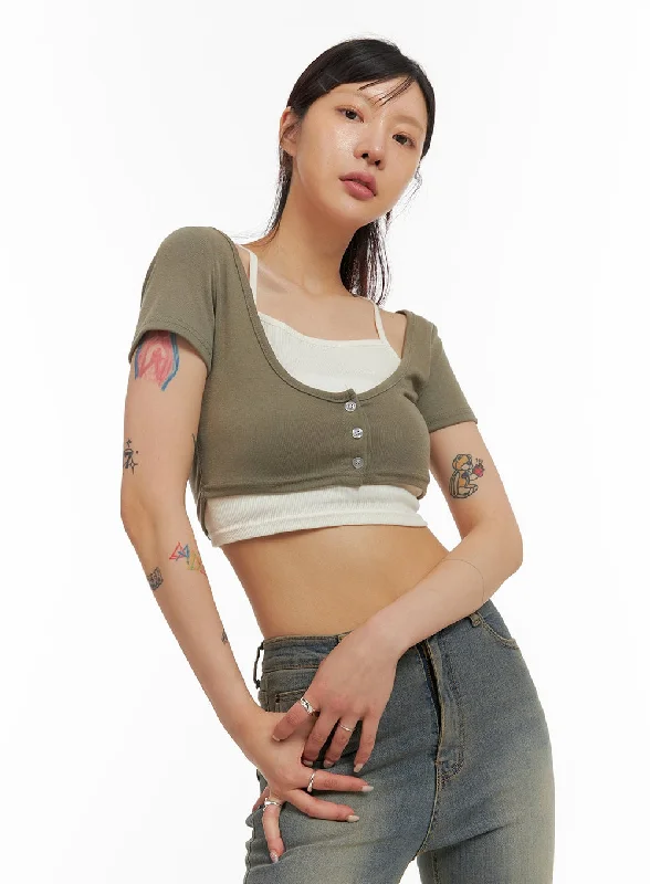 Buttoned U-Neck Crop Top IY410