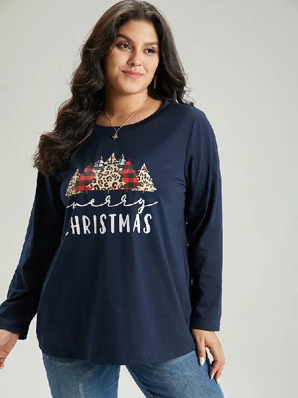 Christmas Trees Letter Print Round Neck T-shirt