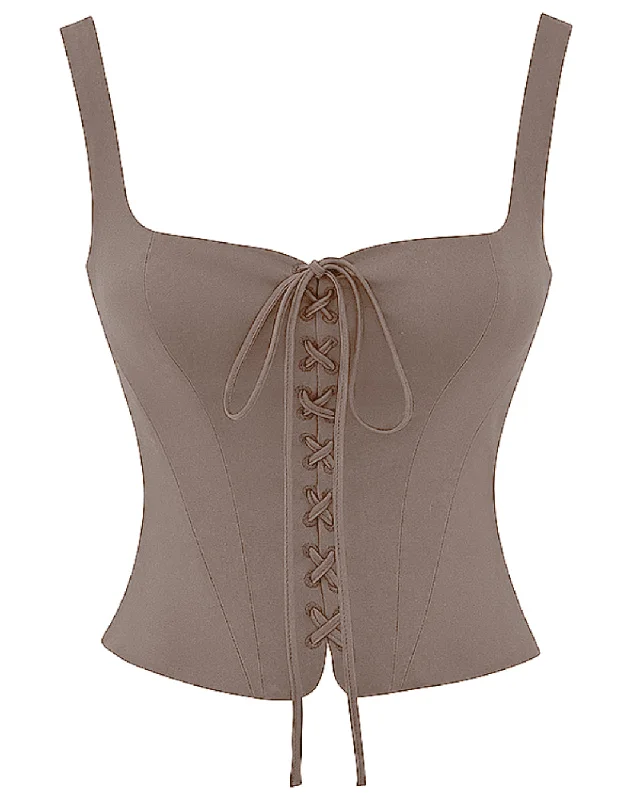 Corset Straps Eyelet Lace-up Tank Tops In Cappuccino