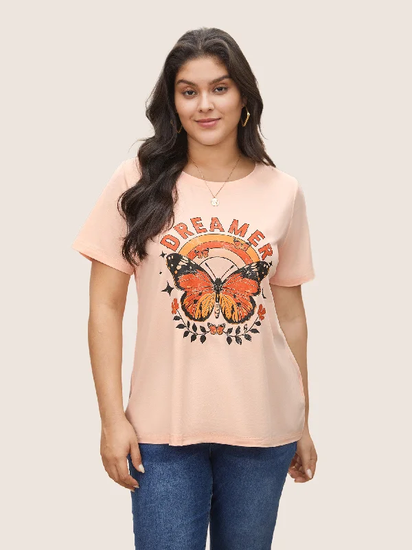 Crew Neck Art & Design Butterfly Print T-shirt