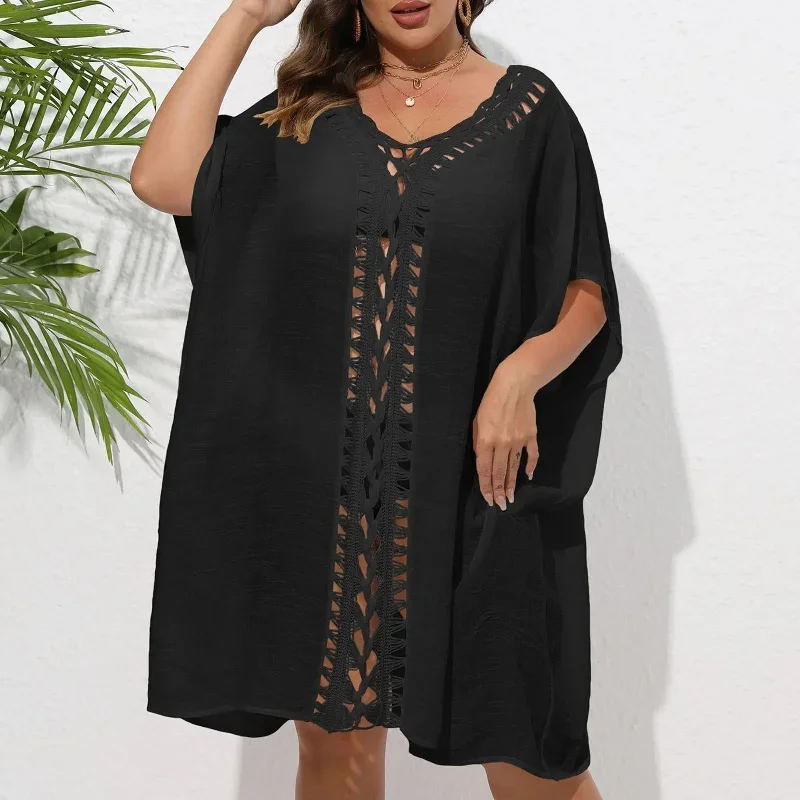 FashionSierra - Crochet Beach Cover Up Mid Length Sleeve Pullover Hollow Out Dress Bikini Sets