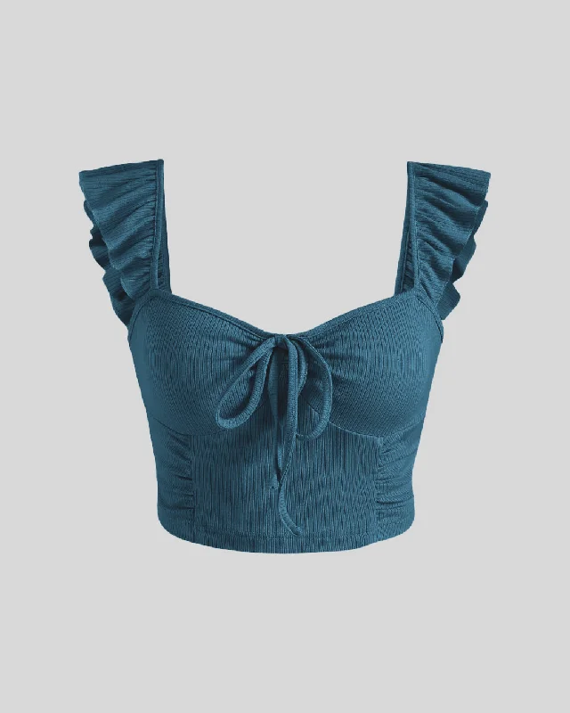 Cropped Teal Blue Vest Ruffle Top