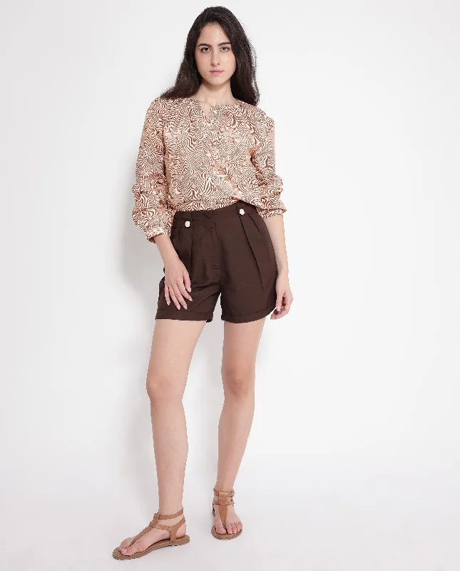 Rareism Women'S Cunelo Brown Cotton Fabric Plain Mini Shorts