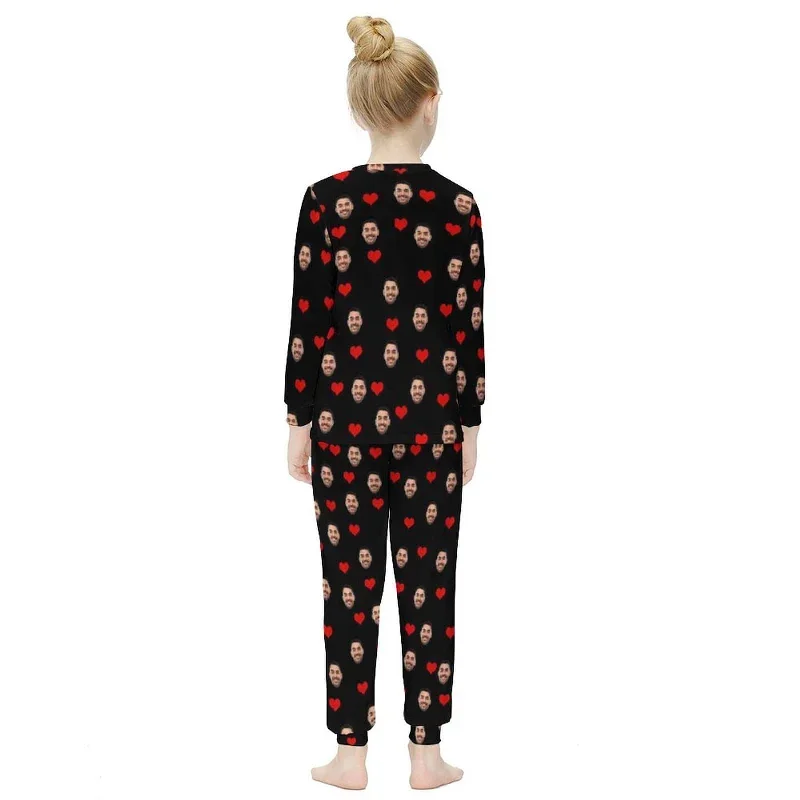 custom-face-love-heart-black-kids-long-sleeve-pajamas-set