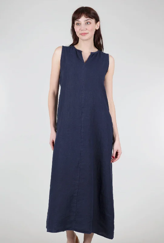 Linen Split-Neck Maxi Dress, Nightsky