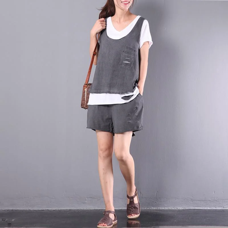 dark gray top and pants three pieces loose cotton blouse casual shorts