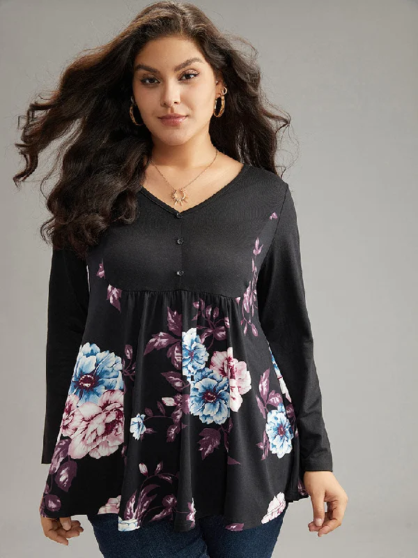 Floral V Neck Ruffle Hem T-shirt