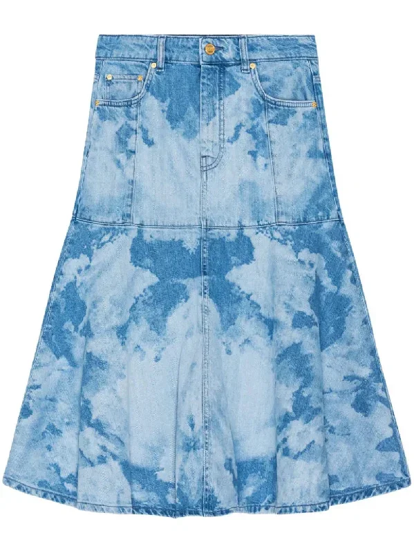 Bleach Denim Flounce Midi Skirt