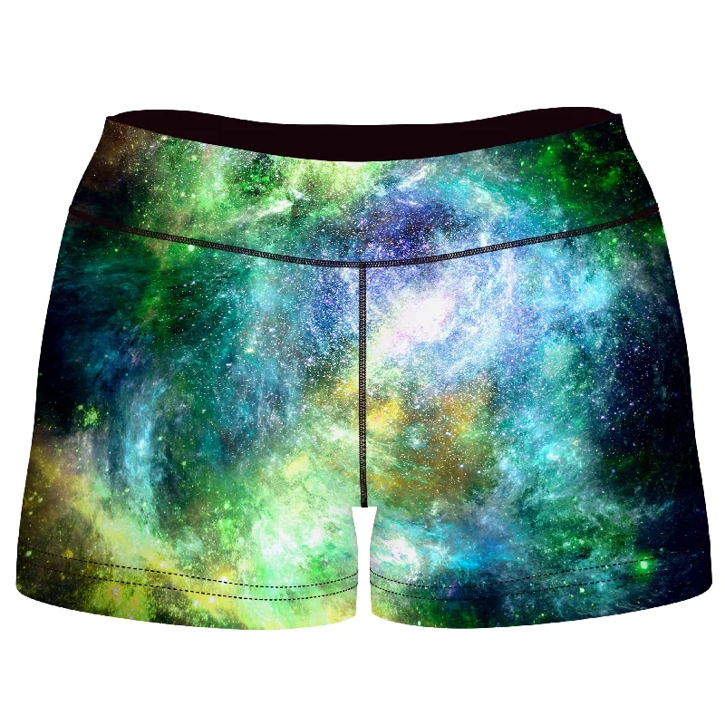 Green Psychedelic Nebula High-Waisted Women's Shorts