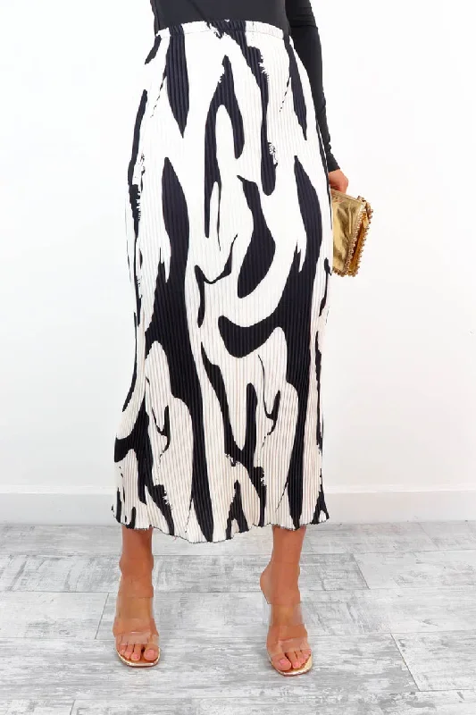 Keep It Pleat - Cream Black Abstract Pleated Midi Skirt