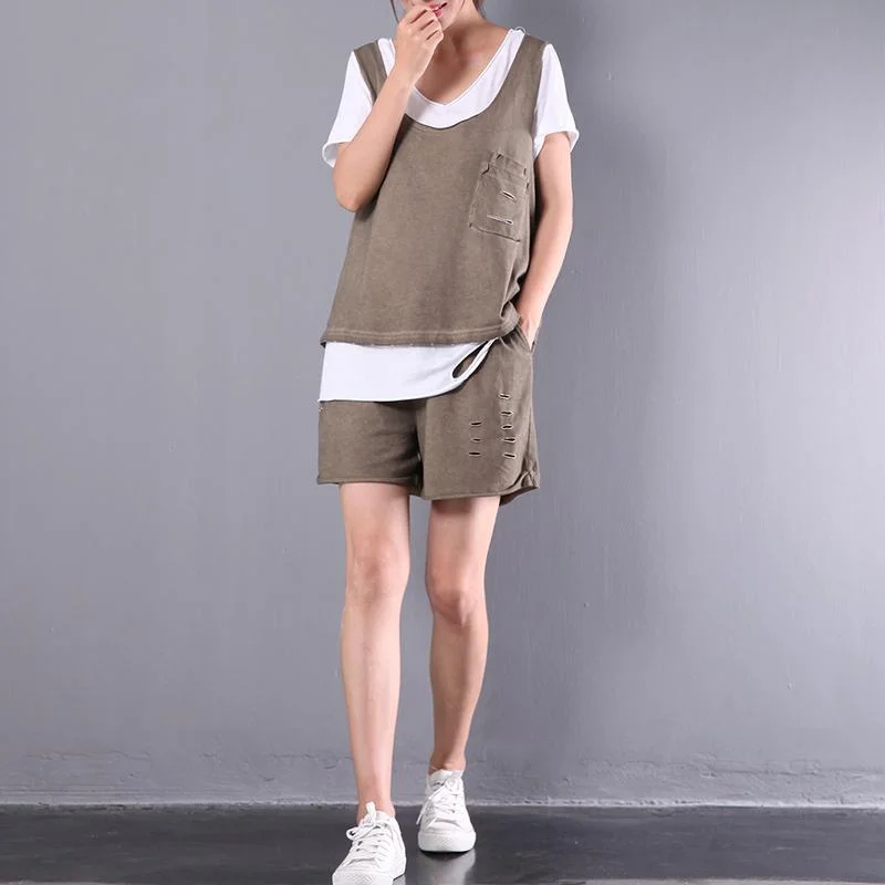 khaki casual cotton tops loose stylish shorts top and pants three pieces