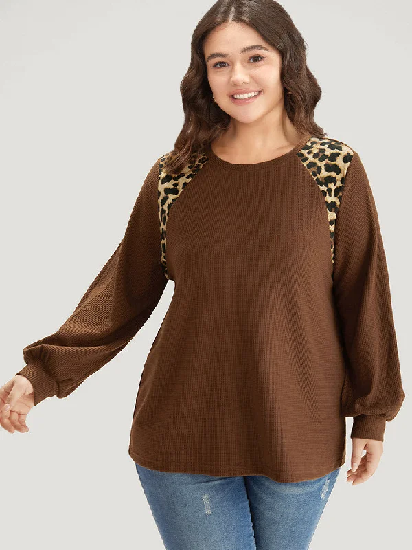 Leopard Patchwork Waffle Knit Elastic Cuffs T-shirt