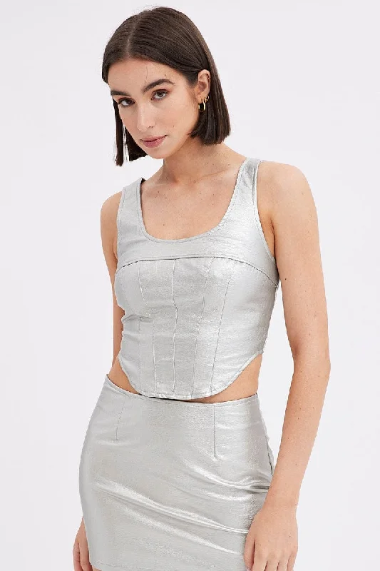 Metallic Corset Top Sleeveless Scoop Neck PU Silver