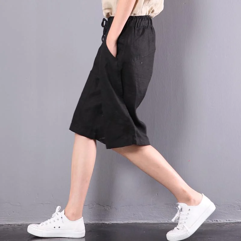 new baggy black loose linen pants embroidery slim shorts