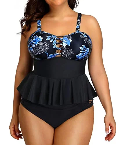 Peplum Tankini Tops Ruched Tummy Control For Women Plus Size Bathing Suits-Blue Paisley