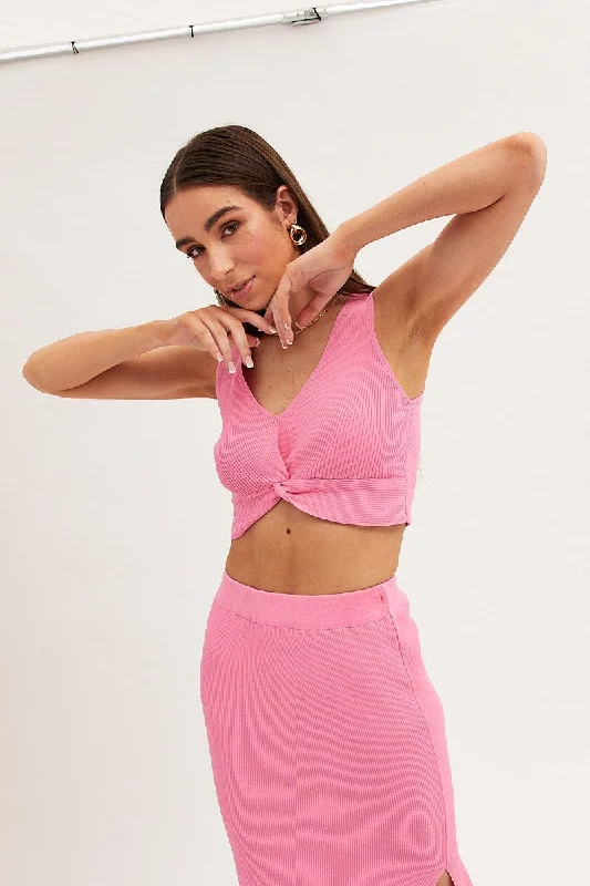 Pink Knit Top Crop Sleeveless V-Neck