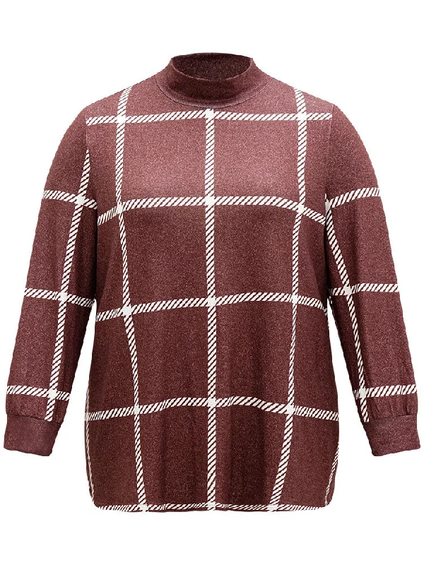 plaid-geometric-contrast-funnel-neck-t-shirt