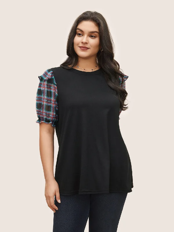 Plaid Patchwork Flounce Lantern Sleeve T-shirt