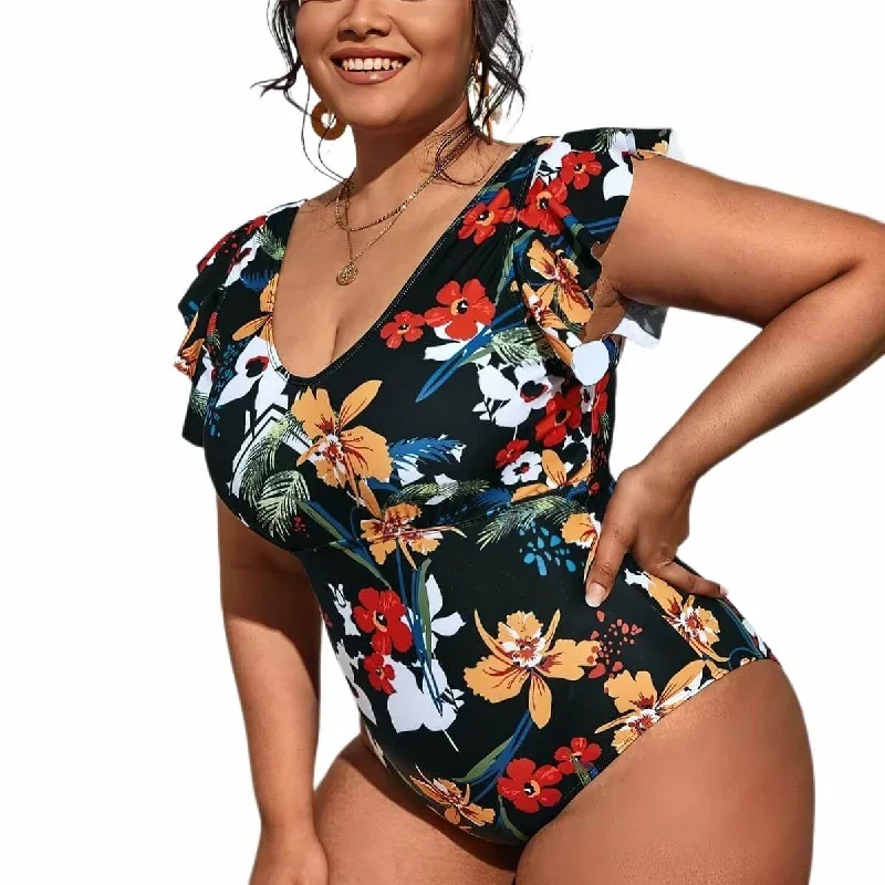 Plus Size Ruffle Swimsuit Flower Printed