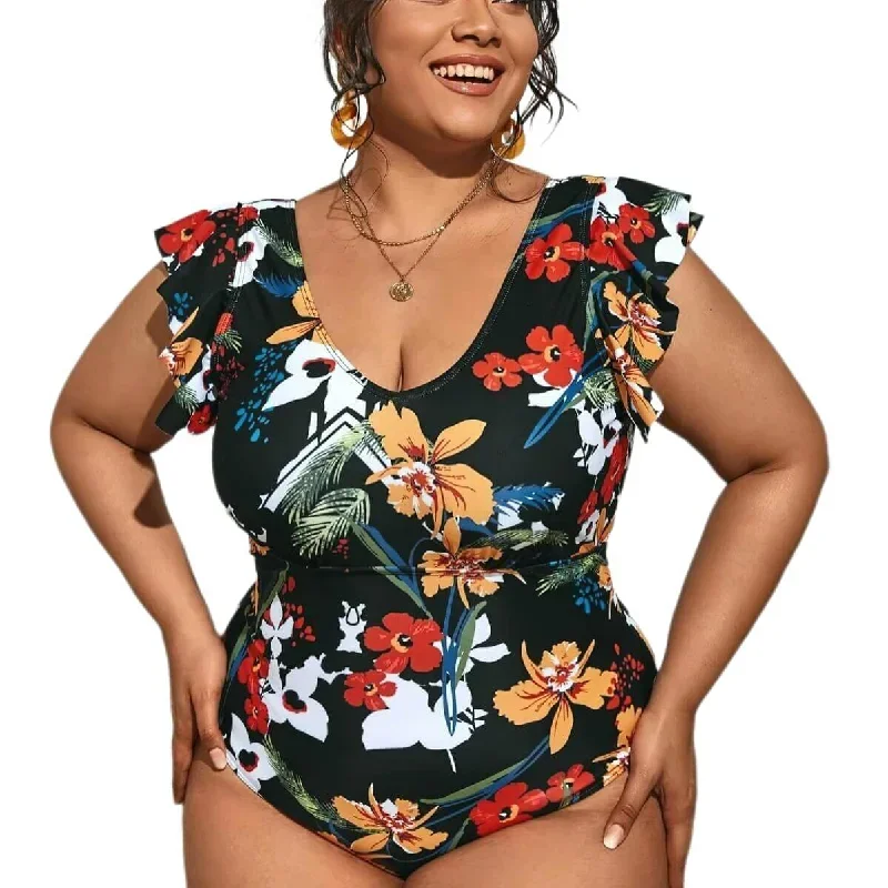 plus-size-ruffle-swimsuit-flower-printed