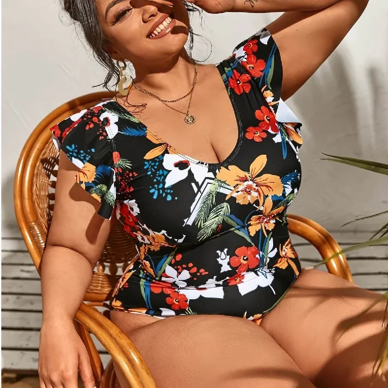 plus-size-ruffle-swimsuit-flower-printed