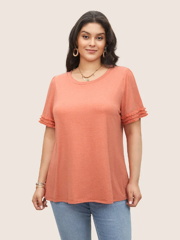 Round Neck Solid Tiered Fuzzy Trim T-shirt