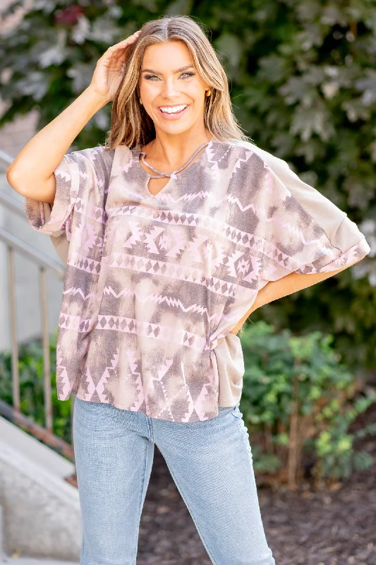 Aztec Distress Print Half Sleeve Crisscross Top Regular & Plus Sizes