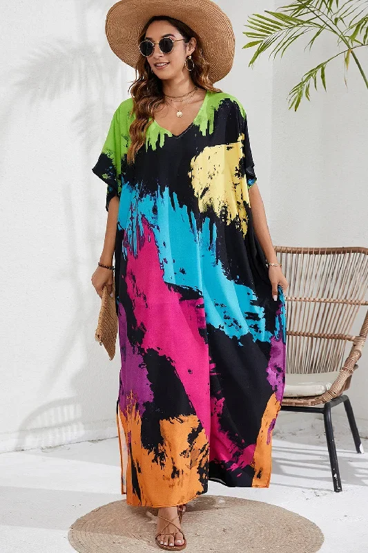 Sunset Vacation  Slit Printed V-Neck Short Sleeve Cover Up