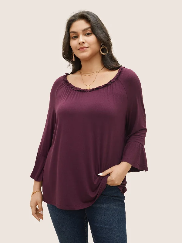 Solid Flutter Sleeve Off Shoulder T-shirt