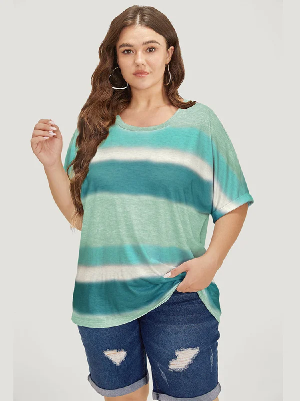 Striped Contrast Roll Dolman Sleeve T-shirt