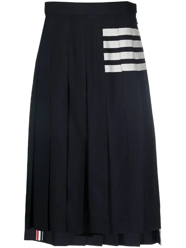 Navy Wool Plain Weave Pleated 4-Bar Skirt