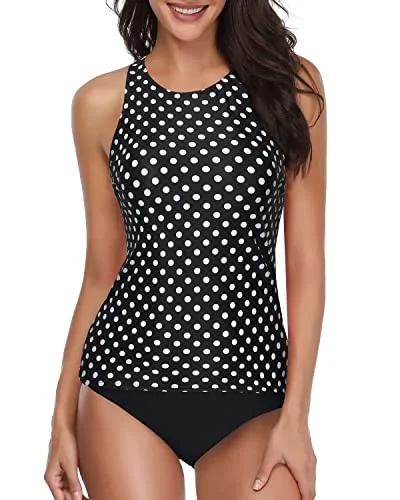 Trendy Tummy Control Swimsuit 2 Piece Tankini For Women-Black Dot