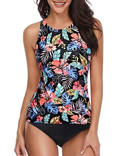 Deep Scoop Back Tankini 2 Piece Swimsuit-Black Red Flower