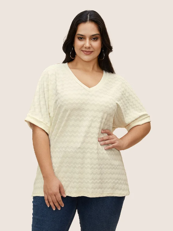 V Neck Plain Textured Batwing Sleeve T-shirt