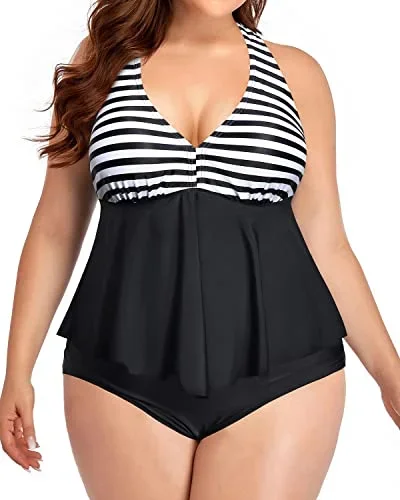 V Neck Plus Size Two Piece Swimsuits High Waisted Bathing Suits For Women-Black And White Stripe