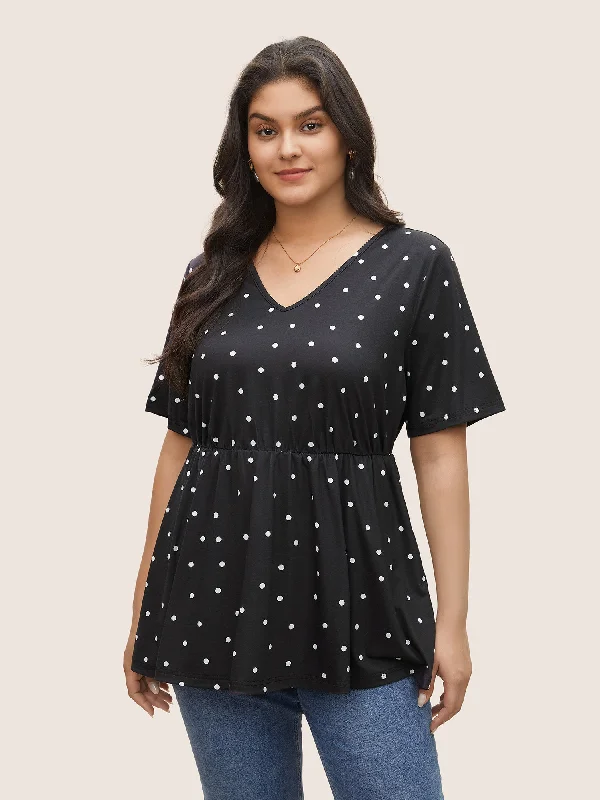 V Neck Polka Dot Elastic Waist T-shirt