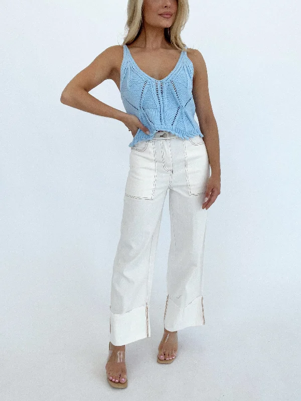 White Folded Wide Leg Pants