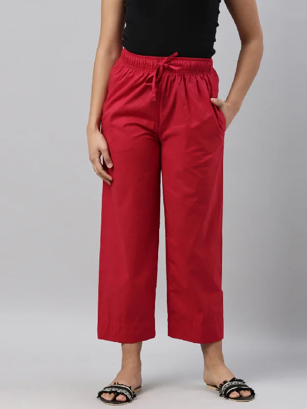 Women Solid Cherry Cotton Wide Leg Pants