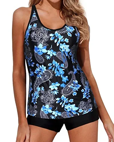 2 Piece Tankini Swimsuits Boy Shorts Athletic Swim Tank Top Bathing Suits-Black Floral