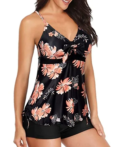 Two Piece Tankini Swimsuit With Shorts Tummy Control Bathing Suit For Women-Black Orange Floral