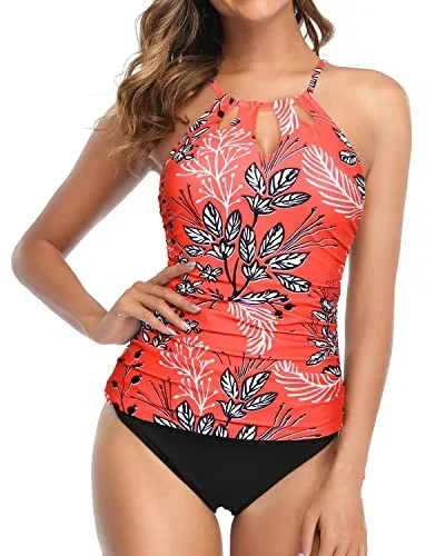 Two Piece High Neck Swim Tankini Top With Bikini Bottom-Red Floral