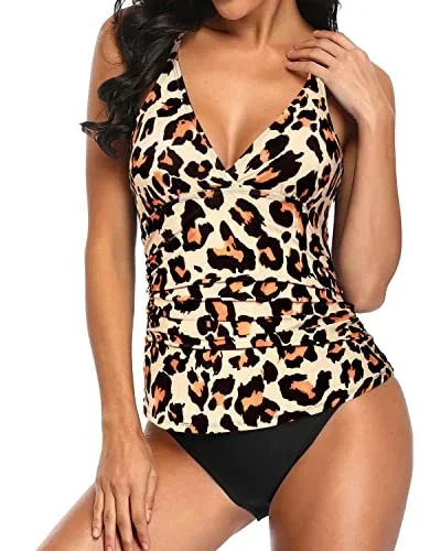 Slimming Curvy Women Two Piece Tankini Swimsuits-Black And Leopard