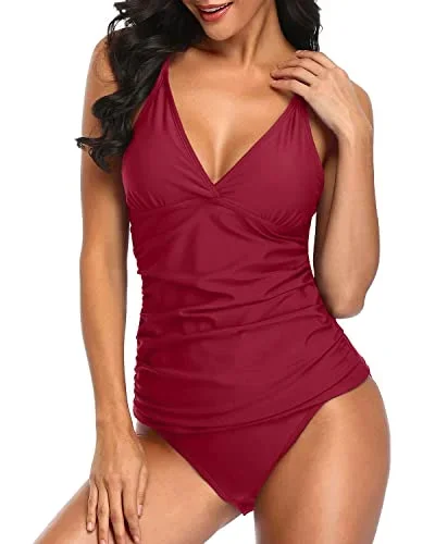 V Neck Tankini Swimsuits For Women Tummy Control 2 Piece Set Bathing Suits-Red