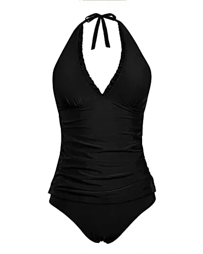 Halter Tankini Swimsuits Tummy Control Two Piece Ruffle V Neck Bathing Suits-Black