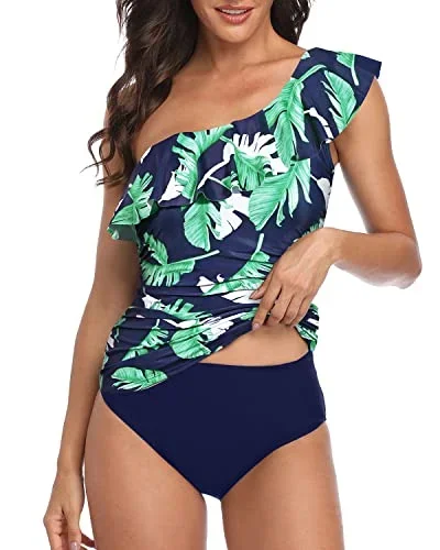 Sexy Asymmetric Neckline One Shoulder Tankini Swimsuits For Women-Blue Leaf