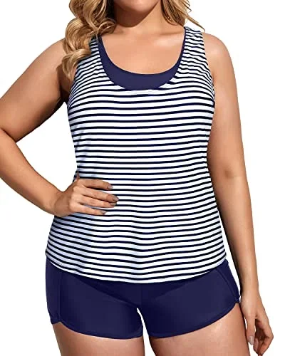 Athletic Women's Plus Size 3 Piece Tankini Swimsuits-Blue And White Stripes