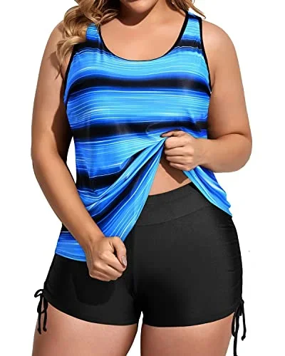 Womens Three Piece Plus Size Tankini Swimsuits With Bikini Top-Blue And Black Stripe