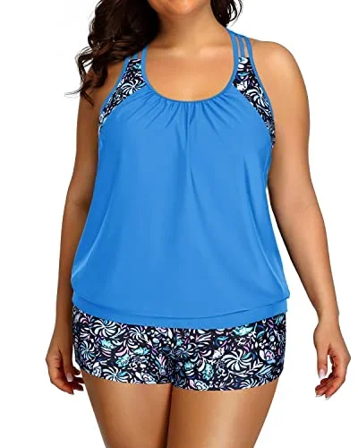 Womens Plus Size Tankini Swimsuit Two Piece Tummy Control Bathing Suit-Blue Floral