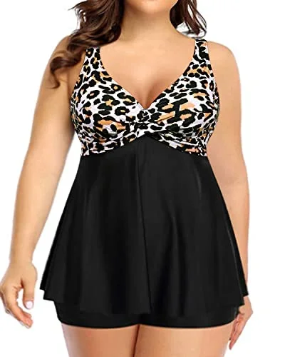 Twist Front Two Piece Plus Size Tankini Swimsuit For Big Busted Women-Black And Leopard