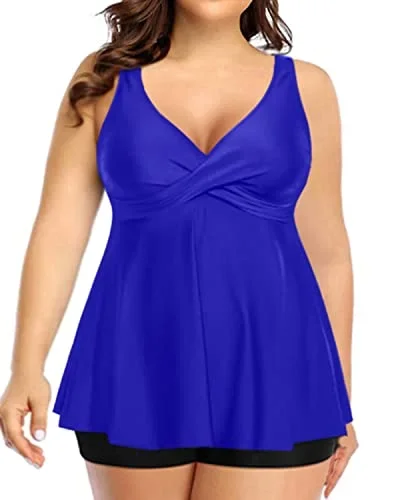 Twist Front Two Piece Plus Size Tankini Swimsuit For Juniors-Royal Blue And Black